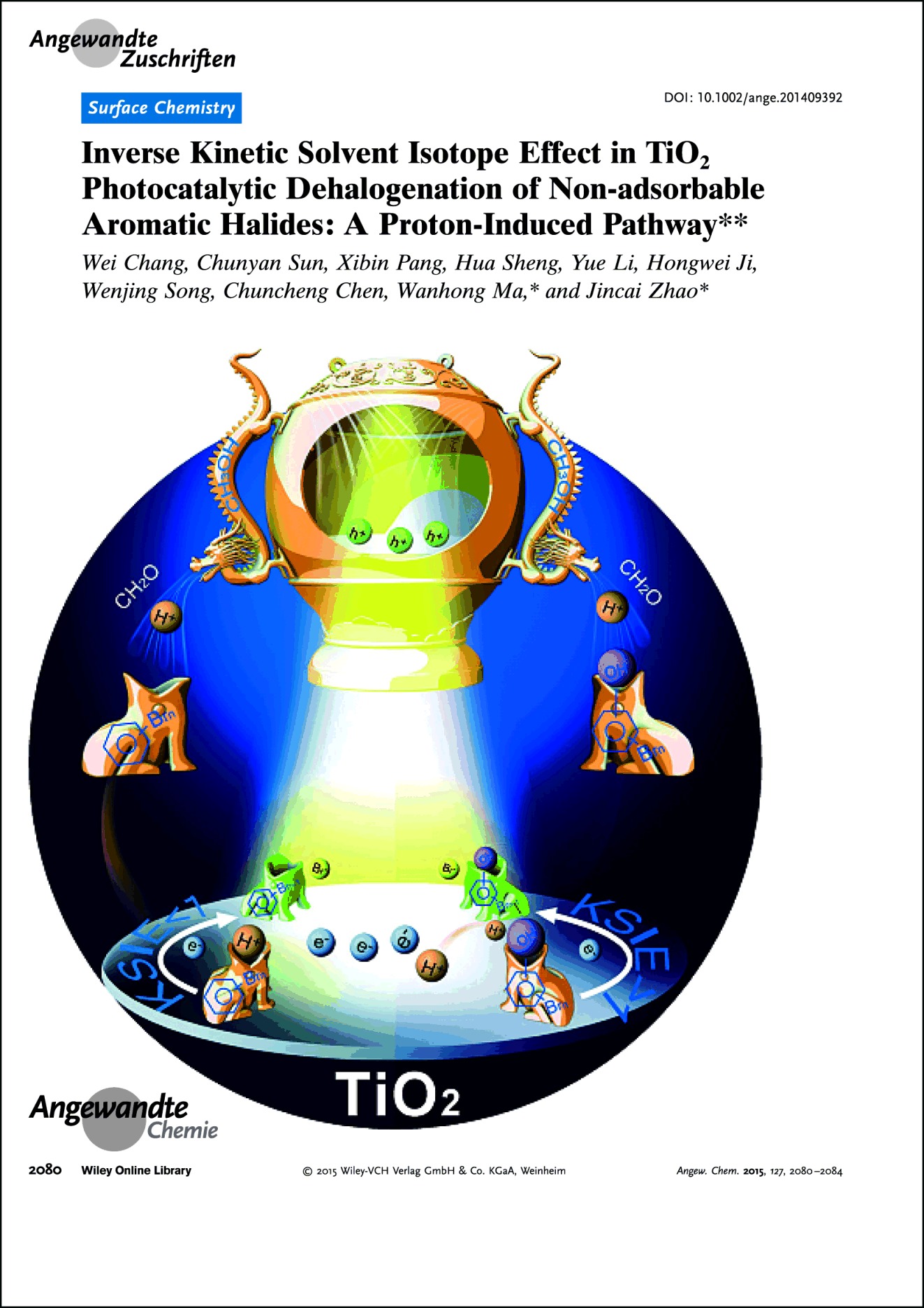 Frontispiz: Inverse Kinetic Solvent Isotope Effect in TiO2 Photocatalytic Dehalogenation of Non-adsorbable Aromatic Halides: A Proton-Induced Pathway