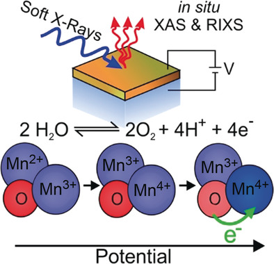 Evolution of Oxygen–Metal Electron Transfer and Metal Electronic States During Manganese Oxide Catalyzed Water Oxidation Revealed with In Situ Soft X-Ray Spectroscopy