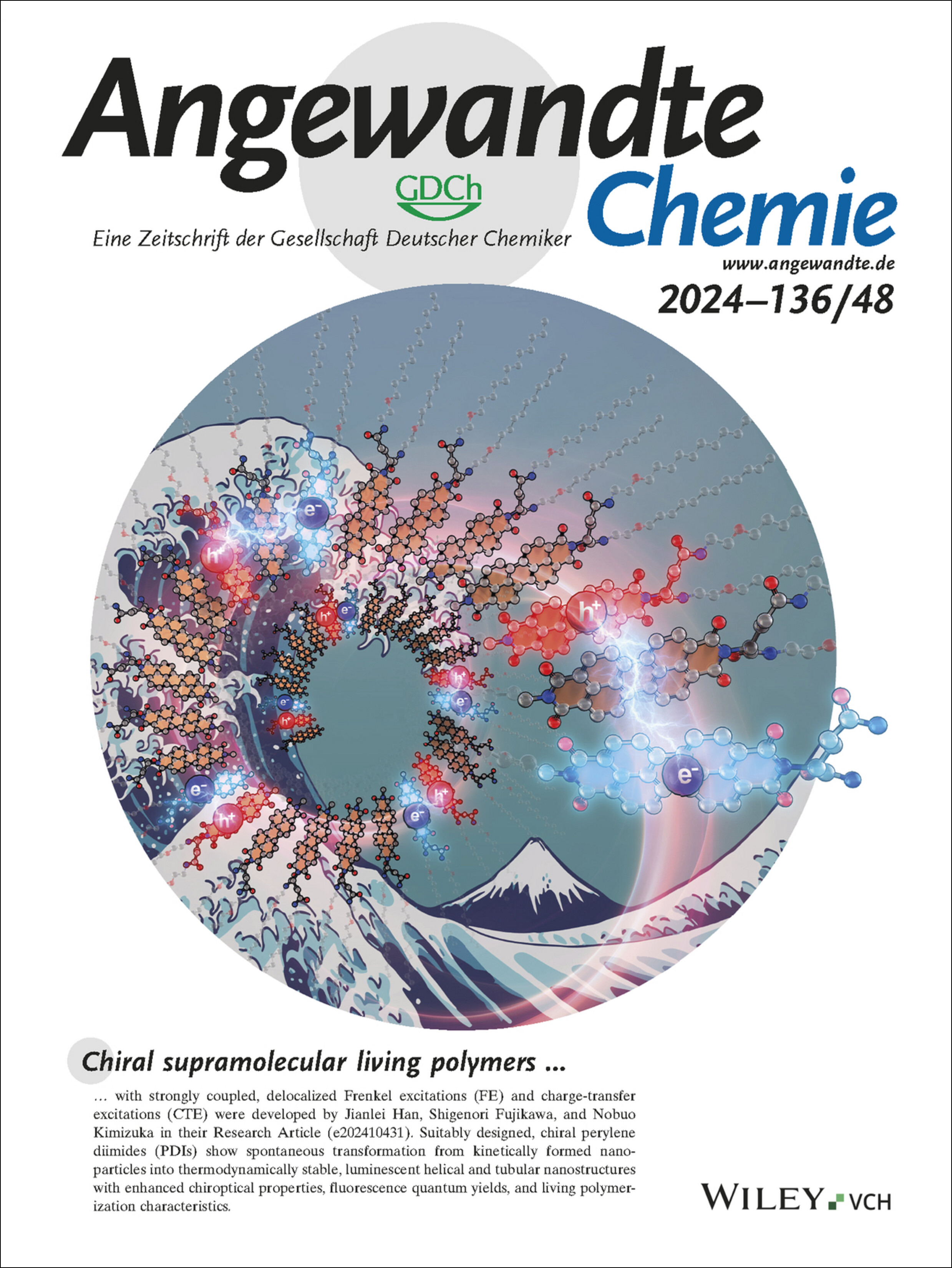 Innentitelbild: Living Hybrid Exciton Materials: Enhanced Fluorescence and Chiroptical Properties in Living Supramolecular Polymers with Strong Frenkel/Charge-Transfer Exciton Coupling (Angew. Chem. 48/2024) Volume 136 Issue 48, 2024