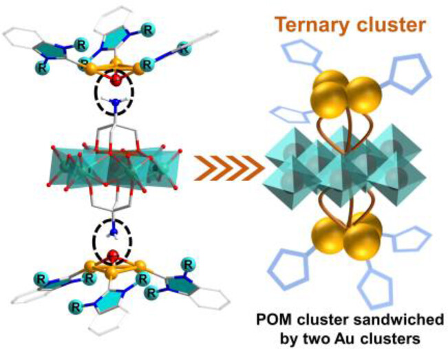 Atomically Precise Ternary Cluster: Polyoxometalate Cluster Sandwiched by Gold Clusters Protected by N-Heterocyclic Carbenes