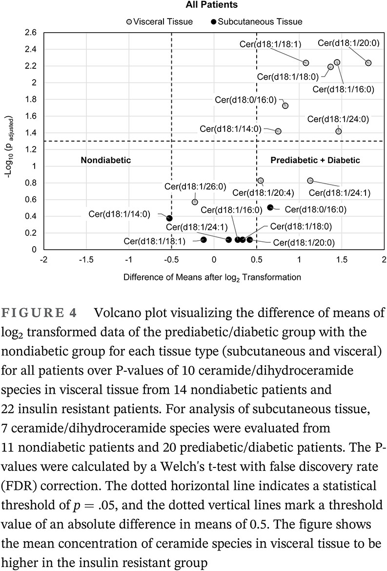 Ceramide changes in abdominal subcutaneous and visceral adipose tissue among diabetic and nondiabetic patients 糖尿病和非糖尿病患者腹部皮下和内脏脂肪组织神经酰胺的变化