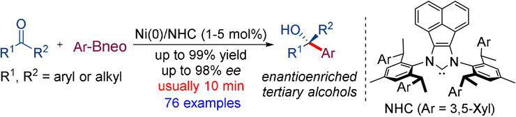 Fast Enantio- and Chemoselective Arylation of Ketones with Organoboronic Esters Enabled by Nickel/N-Heterocyclic Carbene Catalysis