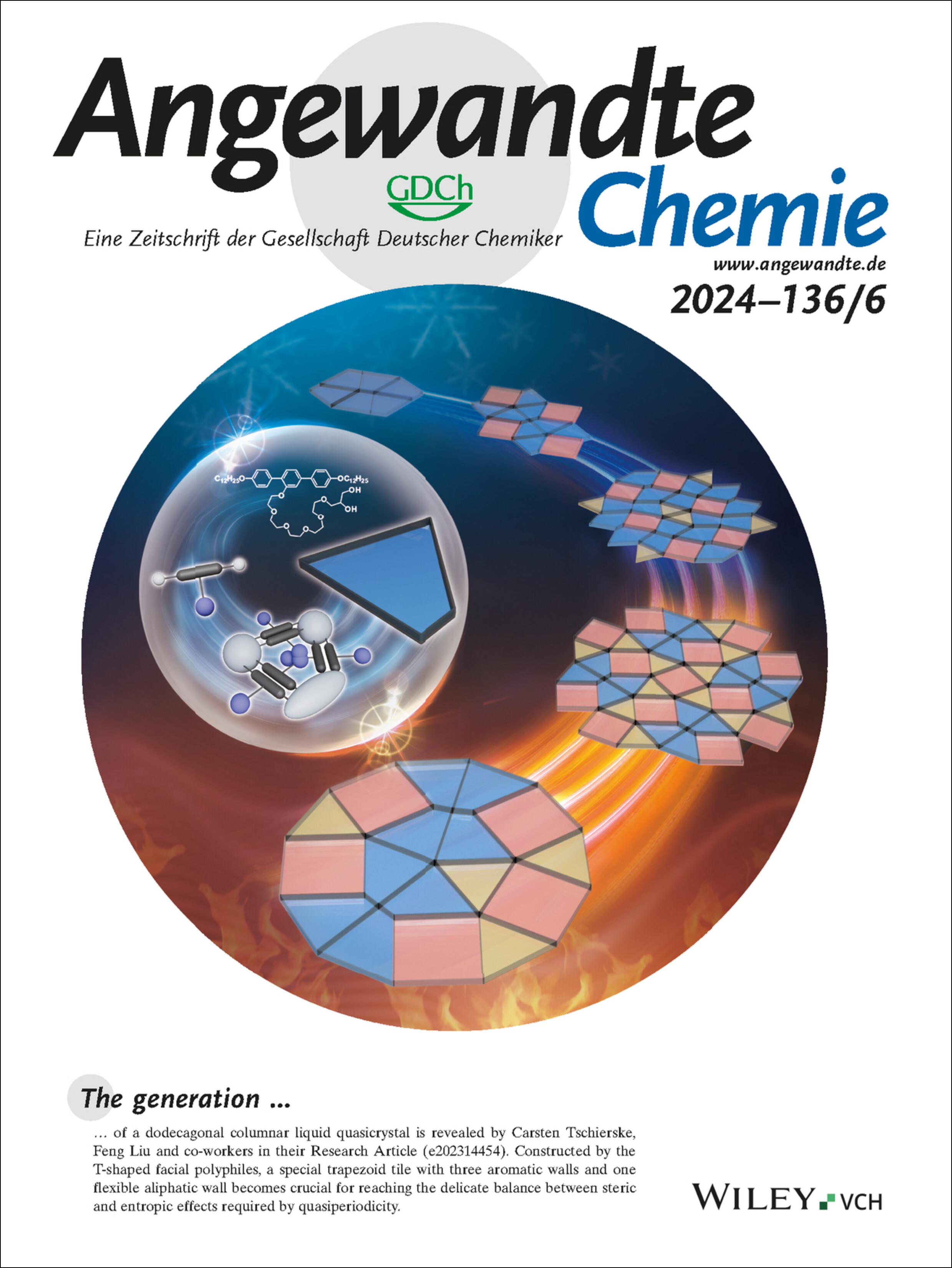 Innentitelbild: Understanding the Role of Trapezoids in Honeycomb Self-Assembly—Pathways between a Columnar Liquid Quasicrystal and its Liquid-Crystalline Approximants (Angew. Chem. 6/2024) Volume 136 Issue 6, 2024