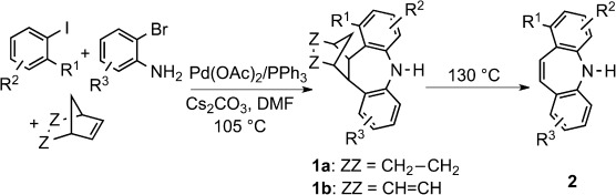 Palladium-Catalyzed Reaction of Aryl Iodides with ortho-Bromoanilines and Norbornene/Norbornadiene: Unexpected Formation of Dibenzoazepine Derivatives