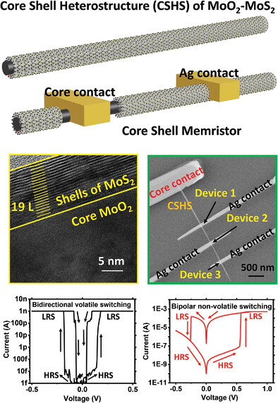 Low Power Volatile and Nonvolatile Memristive Devices from 1D MoO2-MoS2 Core–Shell Heterostructures for Future Bio-Inspired Computing