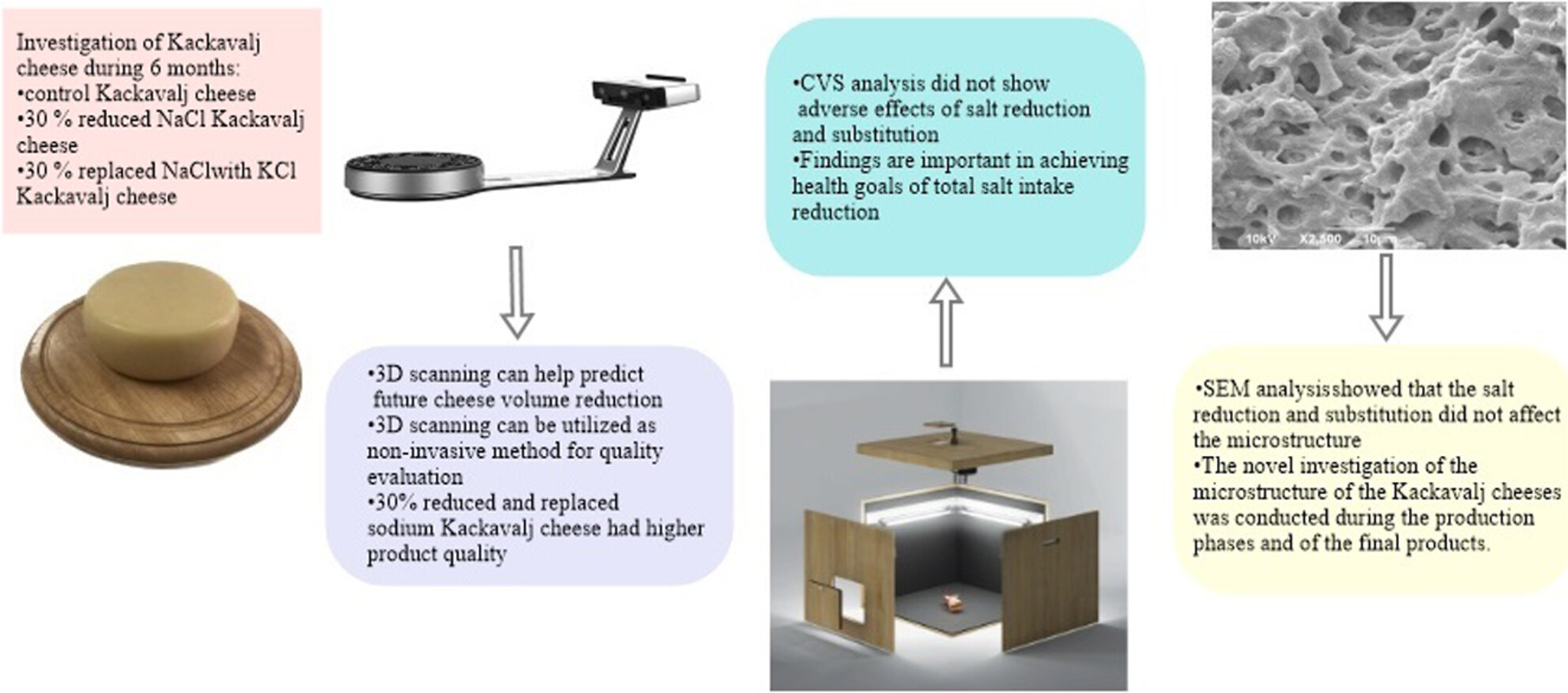 Evaluation of low sodium Kačkavalj cheese properties using 3D scanning, scanning electron microscopy and computer vision system