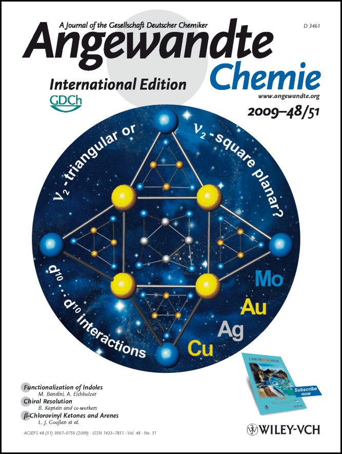 Cover Picture: Two-Dimensional Triangular and Square Heterometallic Clusters: Influence of the Closed-Shell d10 Electronic Configuration (Angew. Chem. Int. Ed. 51/2009)