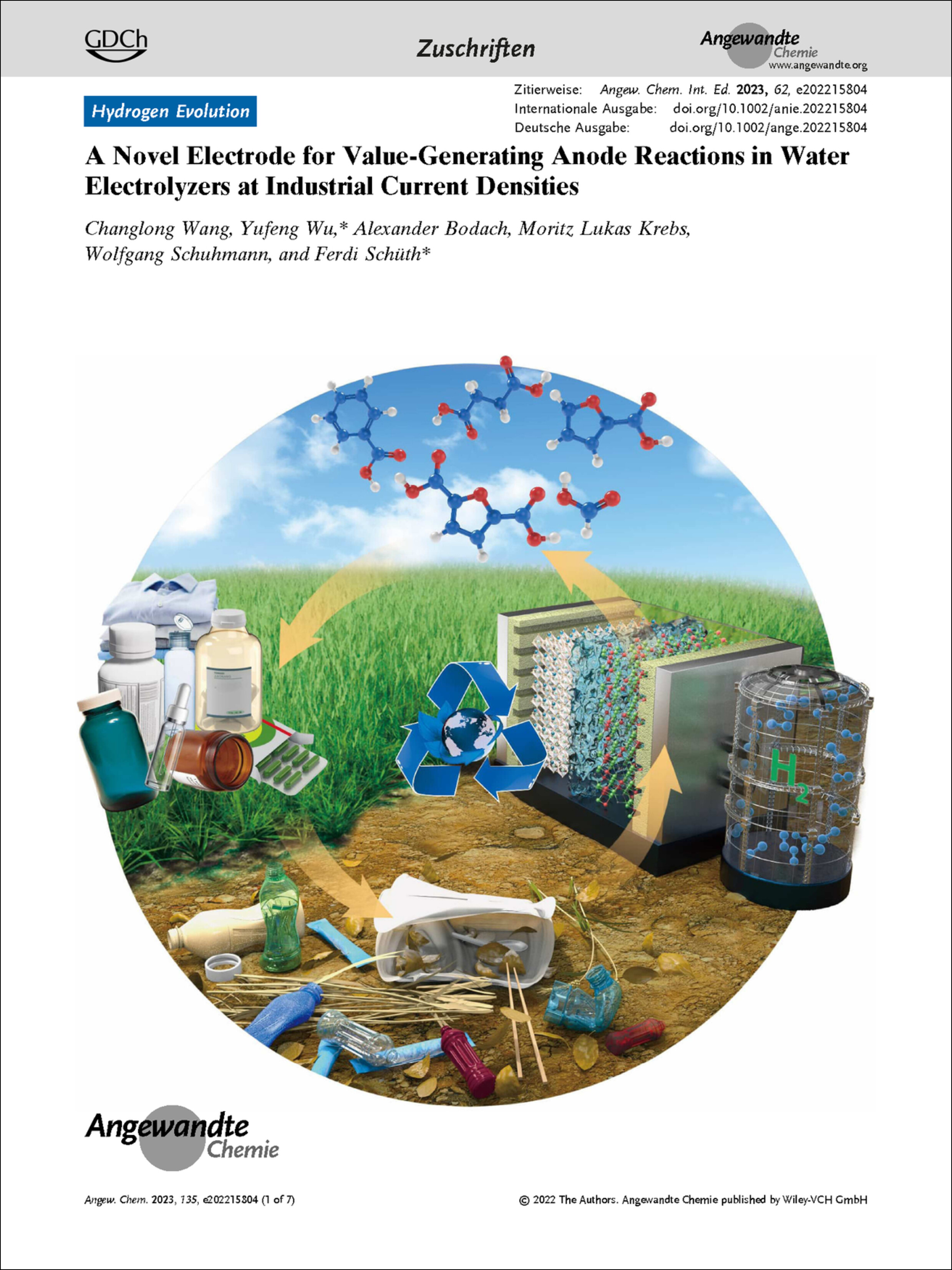 Frontispiz: A Novel Electrode for Value-Generating Anode Reactions in Water Electrolyzers at Industrial Current Densities Volume 135 Issue 7, 2023