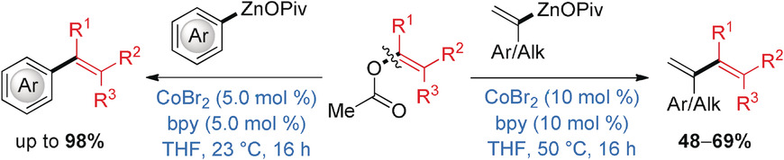 Cobalt-Catalyzed Cross-Couplings between Alkenyl Acetates and Aryl or Alkenyl Zinc Pivalates
