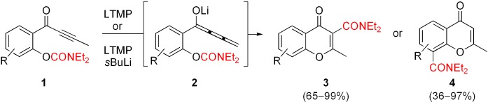 Carbamoyl Translocations by an Anionic ortho-Fries and Cumulenolate α-Acylation Pathway: Regioselective Synthesis of Polysubstituted Chromone 3- and 8-Carboxamides