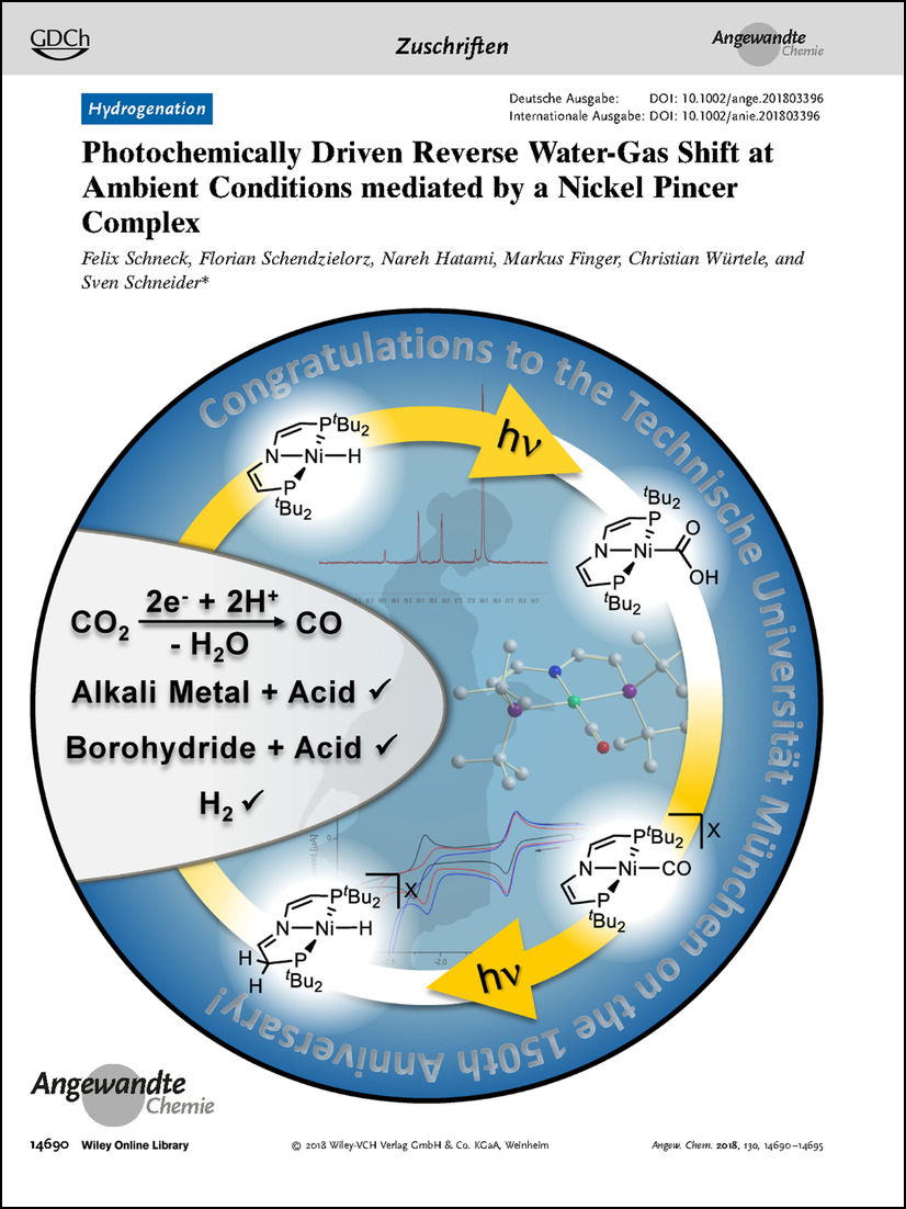 Frontispiece: Photochemically Driven Reverse Water-Gas Shift at Ambient Conditions mediated by a Nickel Pincer Complex Volume 57 Issue 44, 2018