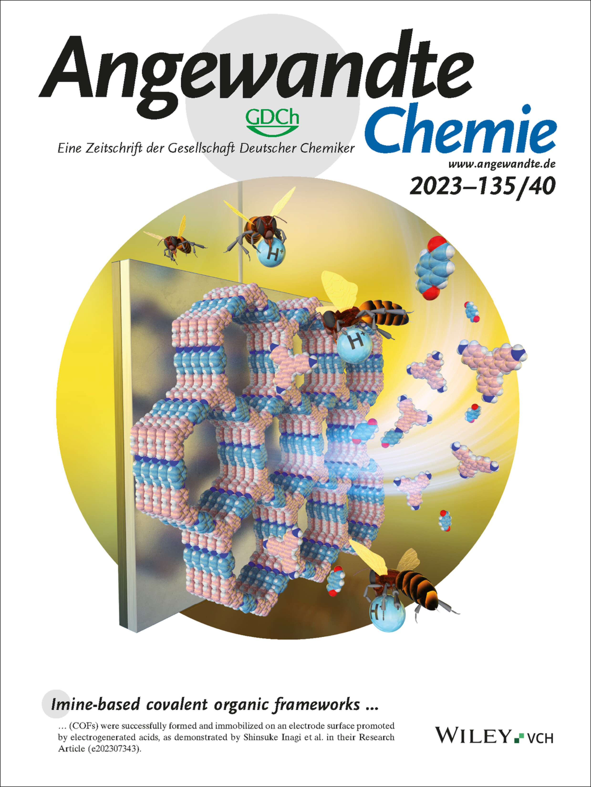 Innenrücktitelbild: Site-Selective Synthesis and Concurrent Immobilization of Imine-Based Covalent Organic Frameworks on Electrodes Using an Electrogenerated Acid (Angew. Chem. 40/2023) Volume 135 Issue 40, 2023