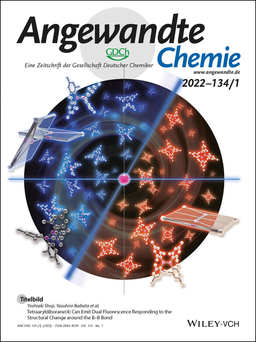 Titelbild: Tetraaryldiborane(4) Can Emit Dual Fluorescence Responding to the Structural Change around the B–B Bond (Angew. Chem. 1/2022) Volume 134 Issue 1, 2022