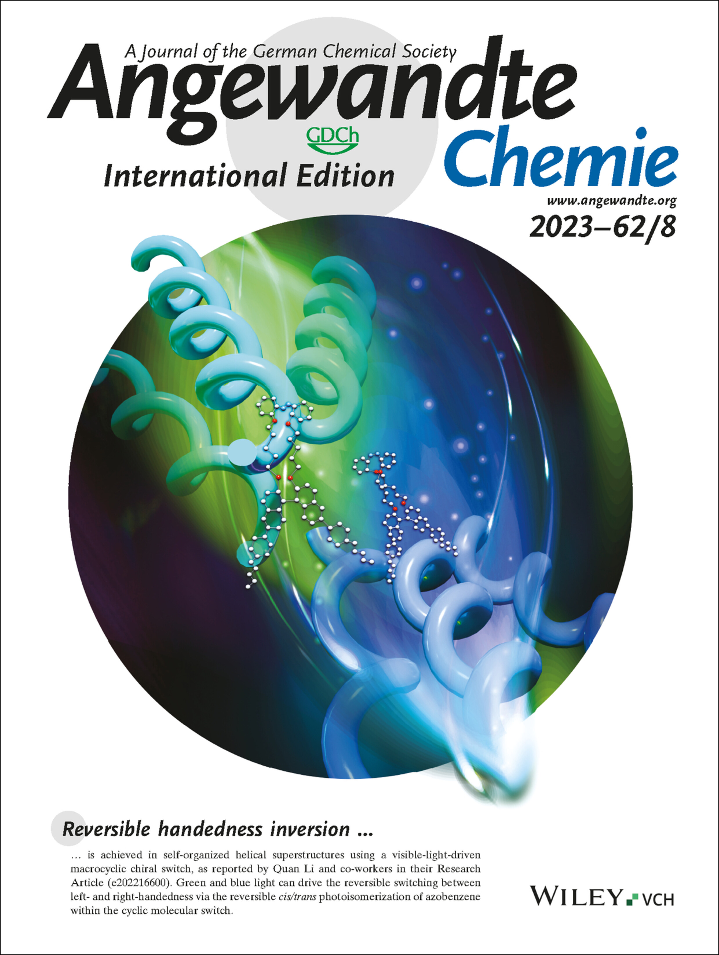 Inside Back Cover: Reversible Handedness Inversion and Circularly Polarized Light Reflection Tuning in Self-Organized Helical Superstructures Using Visible-Light-Driven Macrocyclic Chiral Switches (Angew. Chem. Int. Ed. 8/2023) Volume 62 Issue 8, 2023