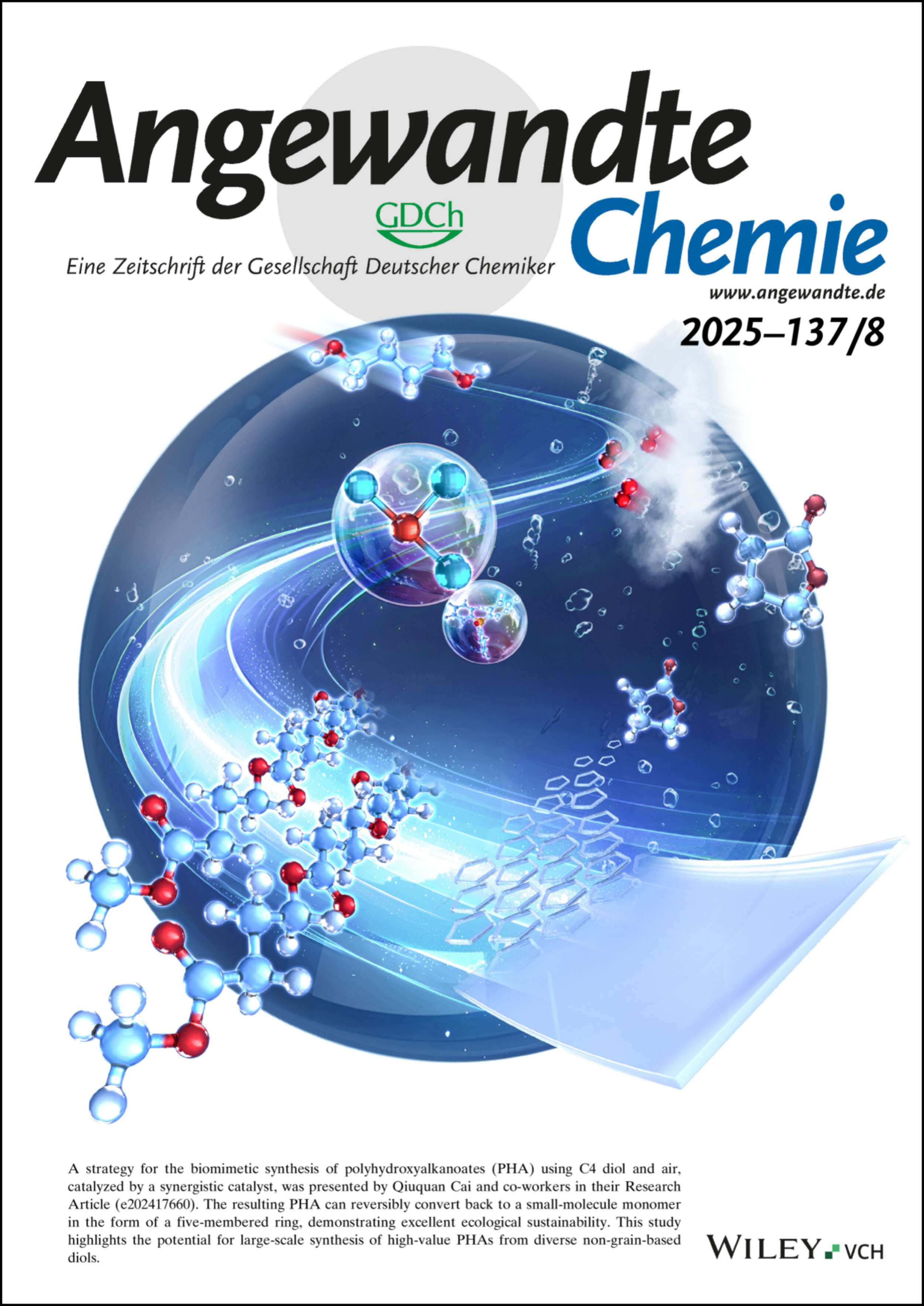 Rücktitelbild: Air-Mediated Biomimetic Synthesis of Polyhydroxyalkanoate with C4 Diol (Angew. Chem. 8/2025) Volume 137 Issue 8, 2025