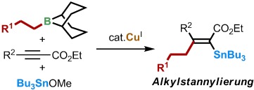 Synthesis of Trisubstituted Alkenylstannanes through Copper-Catalyzed Three-Component Coupling of Alkylboranes, Alkynoates, and Tributyltin Methoxide