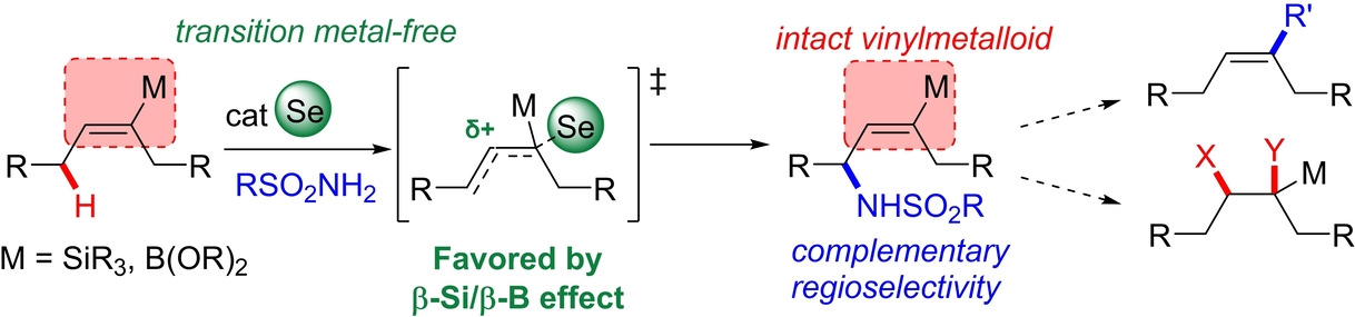 Metal-Free Allylic C−H Amination of Vinylsilanes and Vinylboronates using Silicon or Boron as a Regioselectivity Switch