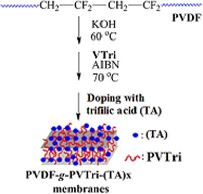 Investigation of proton conductivity of anhydrous proton exchange membranes prepared via grafting vinyltriazole onto alkaline-treated PVDF