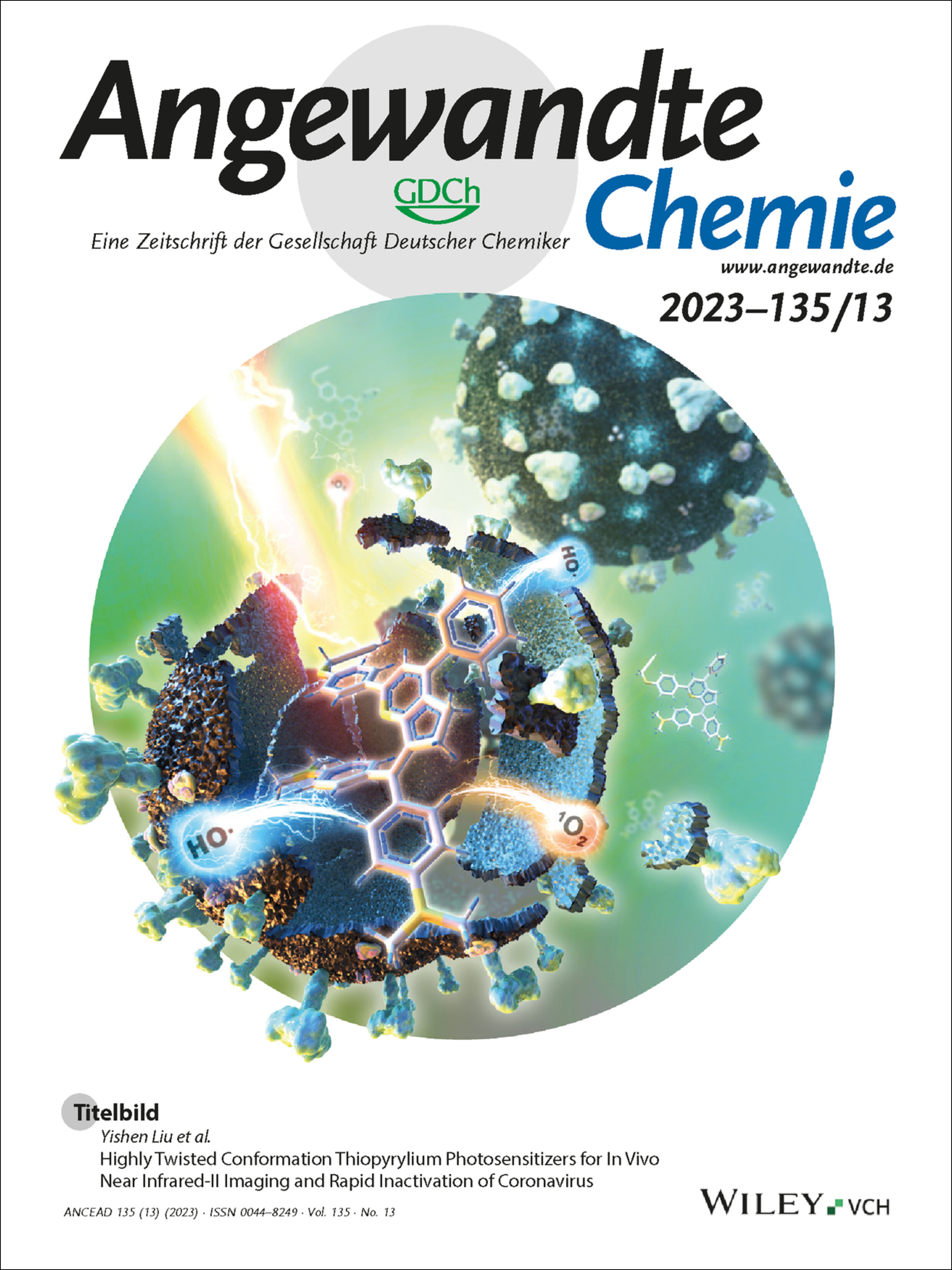 Titelbild: Highly Twisted Conformation Thiopyrylium Photosensitizers for In Vivo Near Infrared-II Imaging and Rapid Inactivation of Coronavirus (Angew. Chem. 13/2023) Volume 135 Issue 13, 2023