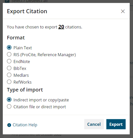 example of citation export options